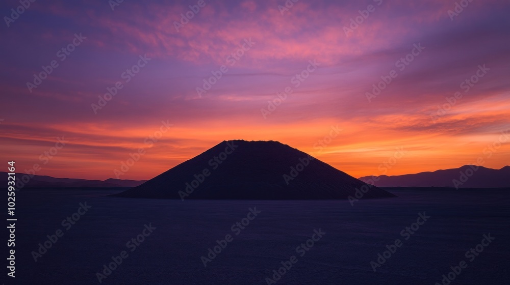 A silhouetted pyramid against a vibrant sunset sky, highlighting natural beauty and tranquility.