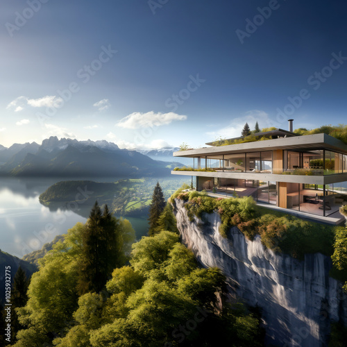 A luxurious modern house perched on a cliff, offering breathtaking views of a serene lake, lush greenery, and distant mountains under clear skies
