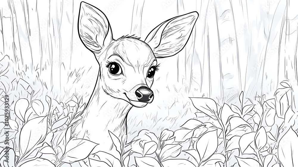 A curious deer peeking out from behind dense shrub in the forest, bold lines, low details, no shading, trees in the background, large round eyes on the deer, A curious deer peeking out from behind dense shrub in the forest, bold lines, low details, no shading, trees in the background, large round eyes on the deer,