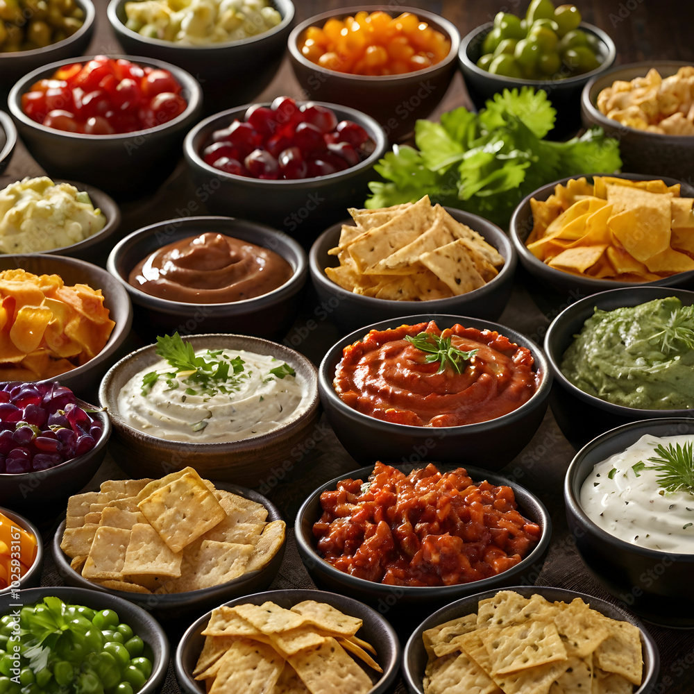 An assortment of dips and snacks presented together, featuring various flavors An assortment of dips and snacks presented together, featuring various flavors