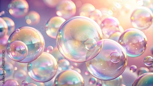 A symphony of iridescent bubbles dance in a soft, ethereal glow, their delicate spheres refracting light and capturing the essence of delicate beauty.