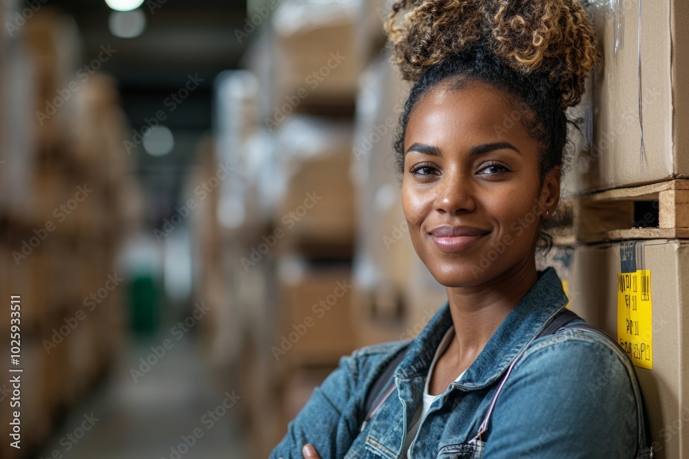 Woman with a smile on her face is standing in a warehouse. She is wearing a blue jacket and has her arms crossed. Portrait of Black and Caucasian women working in warehouse smiling Woman with a smile on her face is standing in a warehouse. She is wearing a blue jacket and has her arms crossed. Portrait of Black and Caucasian women working in warehouse smiling