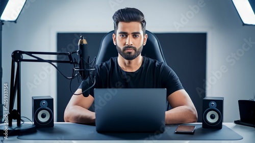 Focused young man working at a modern desk setup with dual monitors, a laptop, and speakers, in a stylish minimalist office environment, reflecting productivity and a tech-savvy lifestyle.