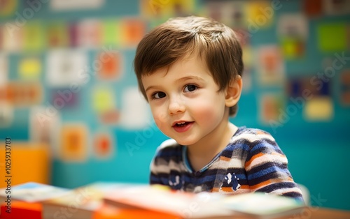 Smiling boy in colorful environment, engaged in learning activities, exuding curiosity and joy, perfect for educational content.