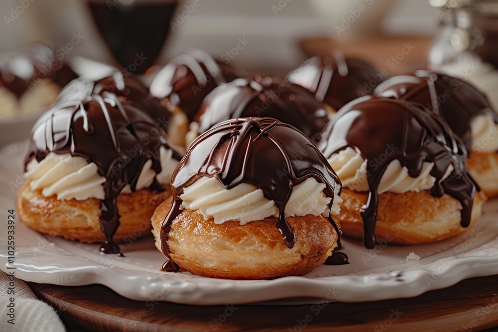Close-up of a plate of chocolate-covered cream puffs. Close-up of a plate of chocolate-covered cream puffs.