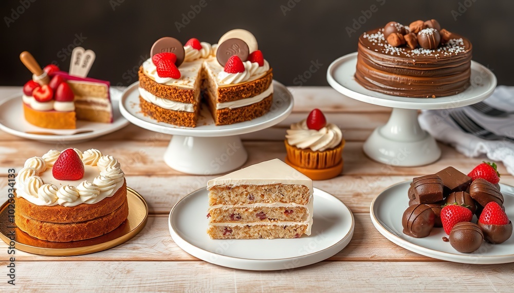 cakes and chocolates on a wooden table cakes and chocolates on a wooden table