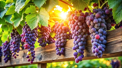 Ripe Grapes Hanging from a Wooden Trellis Bathed in Warm Sunlight photo