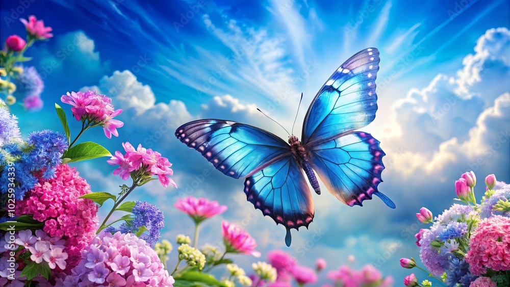 Serene Flight Through a Floral Sky, A Vibrant Butterfly Soars Amidst Delicate Blooms, Captured in a Moment of Grace and Tranquility Serene Flight Through a Floral Sky, A Vibrant Butterfly Soars Amidst Delicate Blooms, Captured in a Moment of Grace and Tranquility