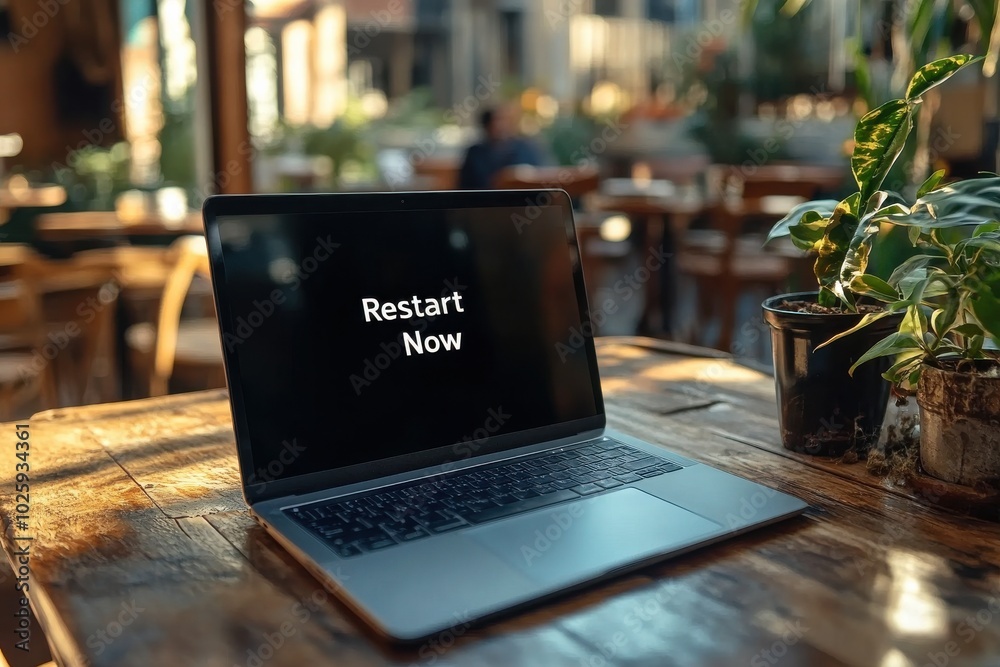 Laptop Displaying Restart Now Message in Cozy Setting Laptop Displaying Restart Now Message in Cozy Setting Laptop Displaying Restart Now Message in Cozy Setting Laptop Displaying Restart Now Message in Cozy Setting