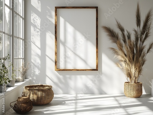Sunlit Minimalist Interior Mockup: Wooden Frame, Pampas Grass, and Woven Baskets