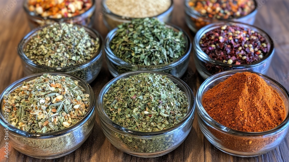 Fototapeta premium A variety of herbs and spices for grilling, adding depth and flavor to meats, vegetables, and BBQ dishes, perfect for outdoor cooking and grilling enthusiasts.