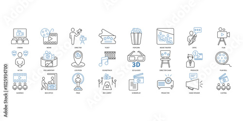 Cinema icons set. Set of editable stroke icons.Set of Cinema