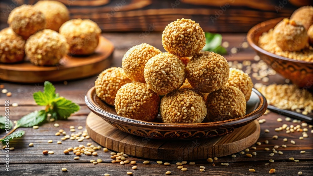 Indulge in sweet, nutty goodness with sesame caramel laddu, a traditional Indian treat, perfect for festivals and celebrations, bringing warmth and joy to every occasion. Indulge in sweet, nutty goodness with sesame caramel laddu, a traditional Indian treat, perfect for festivals and celebrations, bringing warmth and joy to every occasion.