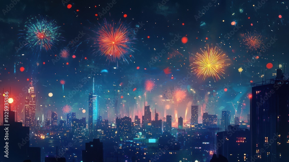 Obraz premium A vibrant New Year background, featuring glowing fireworks in the night sky, with city lights and a celebratory atmosphere