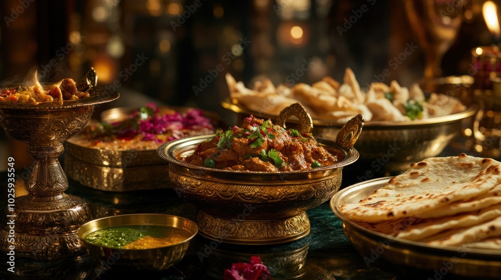 A vibrant spread of traditional Indian food, featuring a variety of curries, naan bread, and colorful chutneys, served in brass bowls with ornate detailing A vibrant spread of traditional Indian food, featuring a variety of curries, naan bread, and colorful chutneys, served in brass bowls with ornate detailing