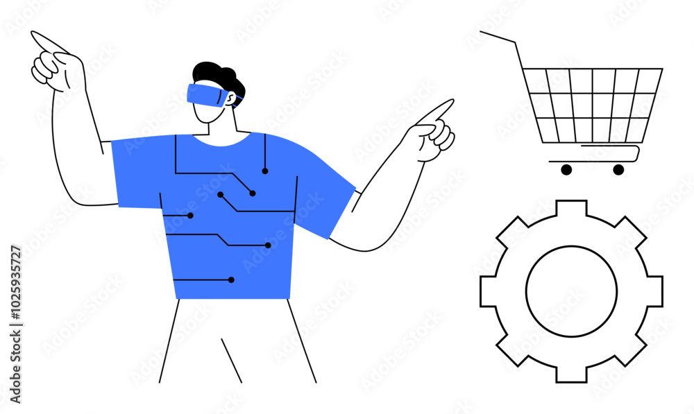 Person wearing VR headset pointing in different directions. Includes shopping cart and gear icon. Ideal for technology, virtual shopping, e-commerce, innovation, and digital transformation. Simple