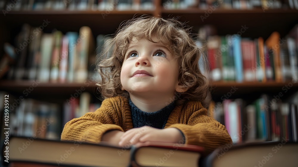 A curious child gazes upward, surrounded by books in a cozy library, capturing the wonder of learning and imagination. A curious child gazes upward, surrounded by books in a cozy library, capturing the wonder of learning and imagination.