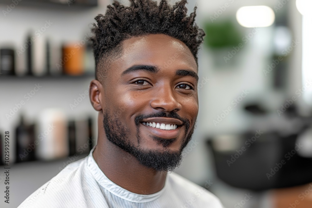 Man with a shaved head and a beard is smiling. He is wearing a white shirt and a white cap. Satisfied Customer Admiring His Fresh Haircut In a Clean White Barbershop