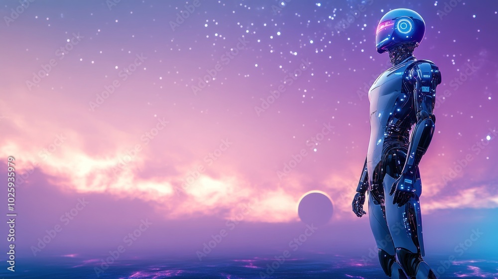 A futuristic robot stands against a colorful cosmic backdrop, symbolizing advanced technology. A futuristic robot stands against a colorful cosmic backdrop, symbolizing advanced technology.