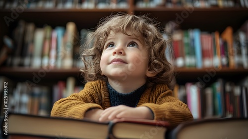 A curious child gazes upward, surrounded by books in a cozy library, capturing the wonder of learning and imagination.