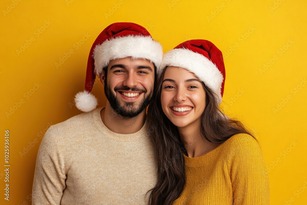 Man and woman in Santa hats smiling cheerfully while holding wrapped gifts. Christmas tree and twinkling lights in the background. Joyful holiday atmosphere. Man and woman in Santa hats smiling cheerfully while holding wrapped gifts. Christmas tree and twinkling lights in the background. Joyful holiday atmosphere.