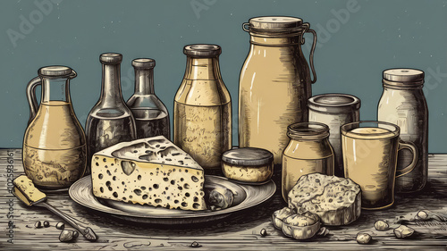 Vector illustration of a set of dairy products in the style of engraving