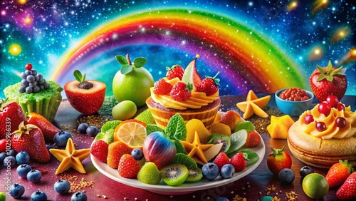 Colorful Food Spread Against Starry Rainbow Background for Vibrant Culinary Photography