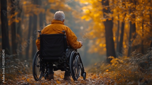 An elderly man in a wheelchair is sitting in a forest. Man is wearing glasses, he is looking off into the distance. man surrounded by beauty of nature. Senior Man in Wheelchair Enjoying Forest Scenery