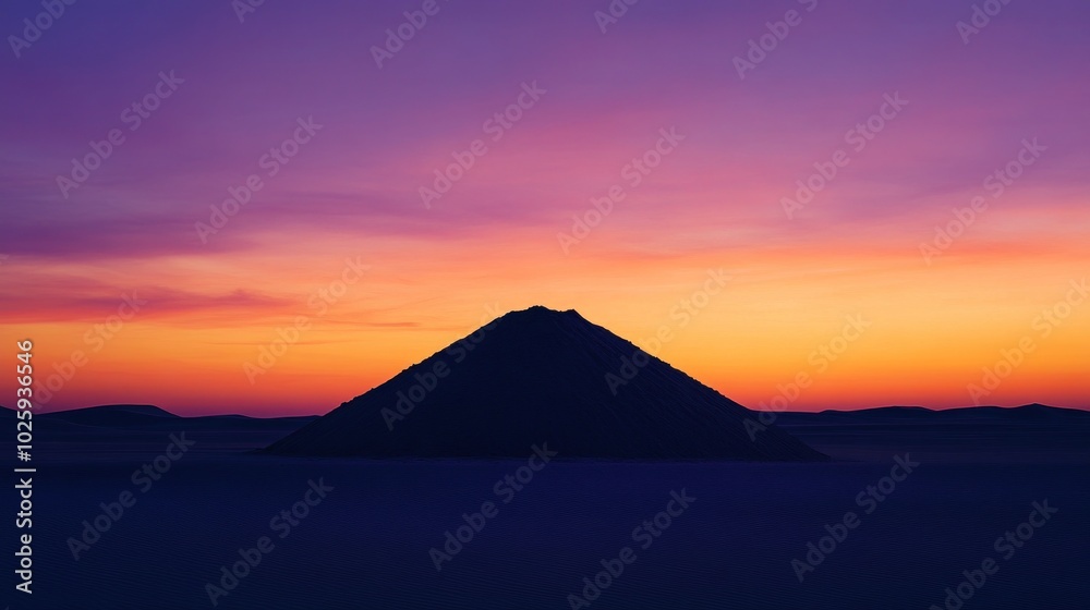 A silhouette of a pyramid against a vibrant sunset in a desert landscape. A silhouette of a pyramid against a vibrant sunset in a desert landscape.