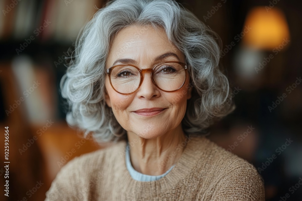 Woman with glasses is smiling and looking at the camera. She is wearing a brown sweater and she is happy. Senior woman hosting an online webinar, sharing knowledge and insights Woman with glasses is smiling and looking at the camera. She is wearing a brown sweater and she is happy. Senior woman hosting an online webinar, sharing knowledge and insights