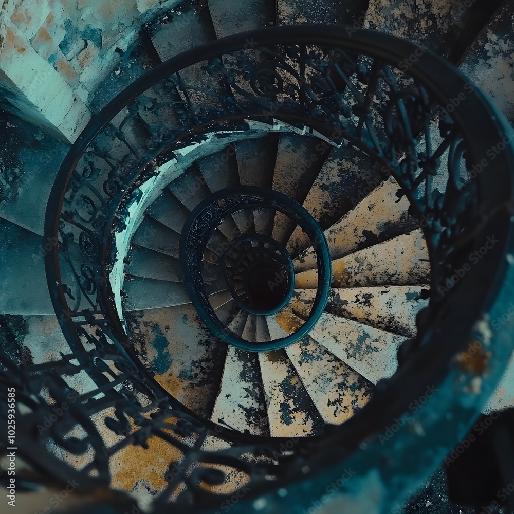 Obraz premium A weathered spiral staircase with a dark, mysterious feel.