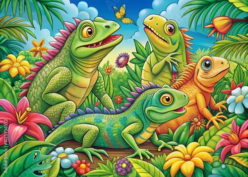 Colorful Iguanas in a Whimsical Cartoon Coloring Book Style for Kids