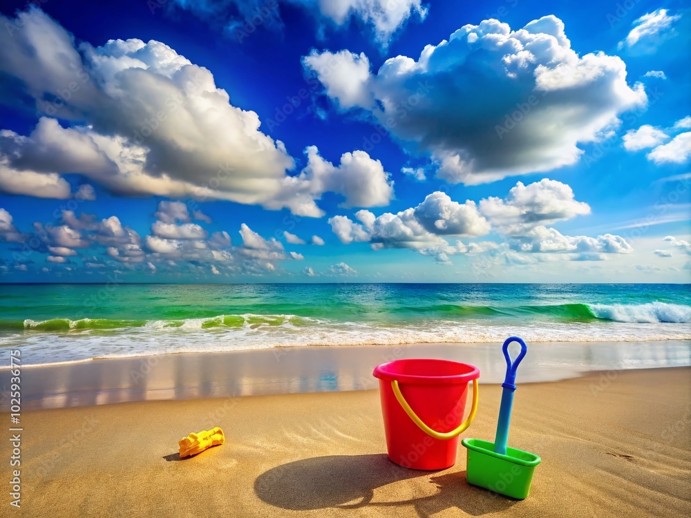 Colorful Sand Bucket and Shovel on a Beach - Summer Fun in Panoramic View Colorful Sand Bucket and Shovel on a Beach - Summer Fun in Panoramic View