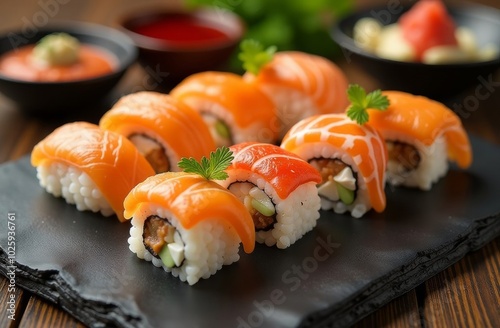 Sushi on a black stone board on a wooden table in a restaurant, beautiful serving