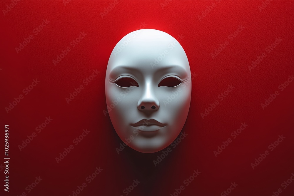 White mask with a red background. The mask is a close up of a woman's face. mask is white, highlighted on a red background White mask with a red background. The mask is a close up of a woman's face. mask is white, highlighted on a red background