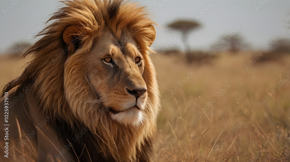lion in the African savanna, with the wind blowing its mane. lion in the African savanna, with the wind blowing its mane.
