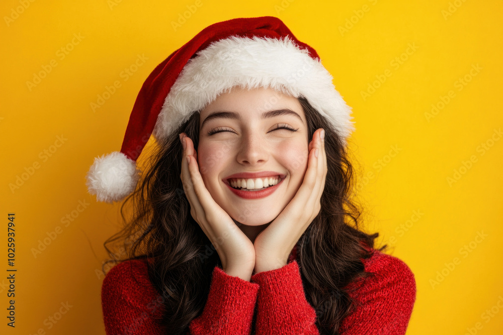 Woman in santa hat smiling warmly, surrounded by twinkling holiday lights, radiating joy and festive spirit. Woman in santa hat smiling warmly, surrounded by twinkling holiday lights, radiating joy and festive spirit.