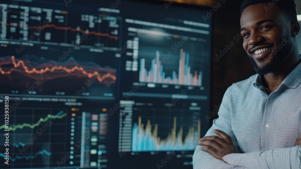 Fototapeta premium A professional man smiles in front of data analytics screens displaying various graphs.