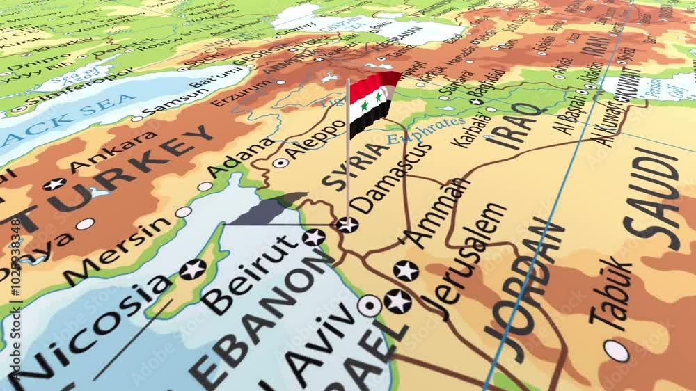 Syria flag waving on the map