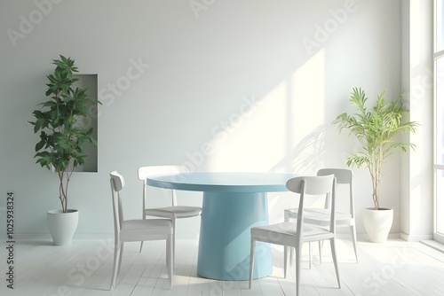 A modern dining room with a round turquoise table, white chairs, hanging light fixture, and potted plants