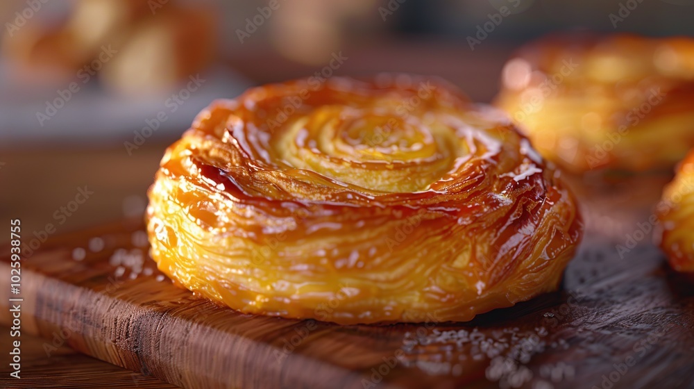Close-up of a golden brown pastry with flaky layers and a sweet glaze, on a wooden cutting board. Close-up of a golden brown pastry with flaky layers and a sweet glaze, on a wooden cutting board.