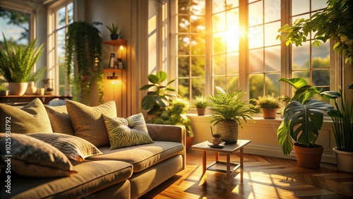 Soft sunlight filters through an open window, illuminating a tranquil room, casting gentle shadows and creating a serene atmosphere perfect for relaxation and reflection.