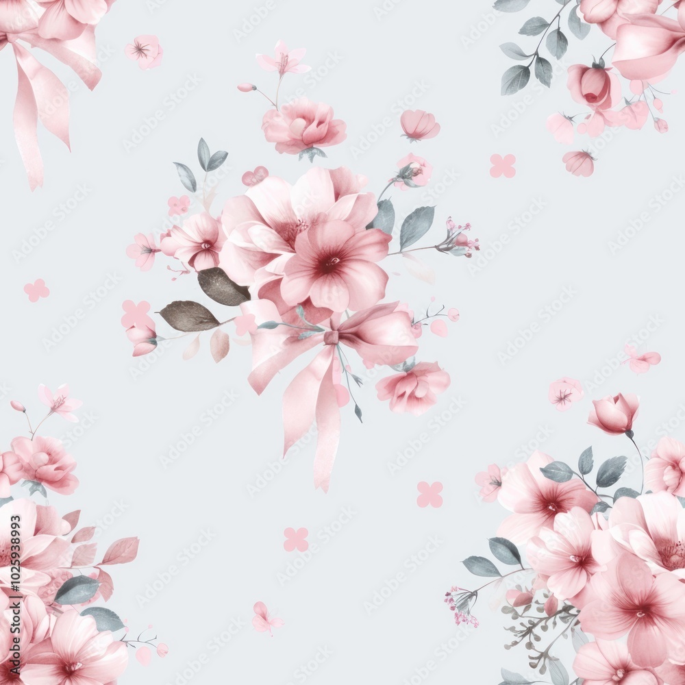 A delicate floral pattern featuring soft pink flowers and leaves on a light blue background, perfect for fabric or wallpaper design.