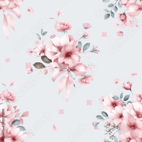 A delicate floral pattern featuring soft pink flowers and leaves on a light blue background, perfect for fabric or wallpaper design.