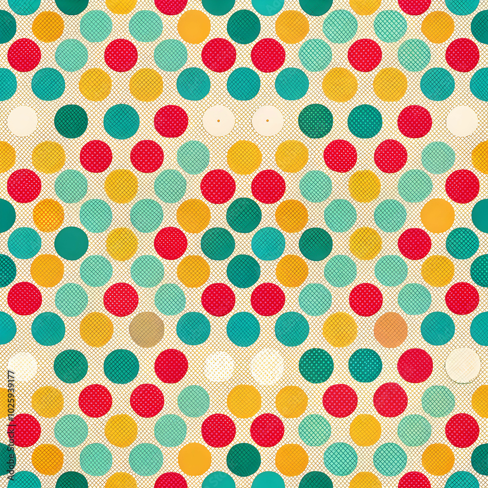 A retro-inspired polka dot pattern features vibrant colors A retro-inspired polka dot pattern features vibrant colors
