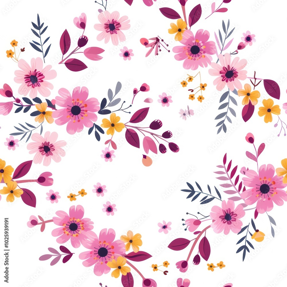 A vibrant floral pattern featuring pink, yellow, and purple flowers arranged on a white background, evoking freshness and femininity.