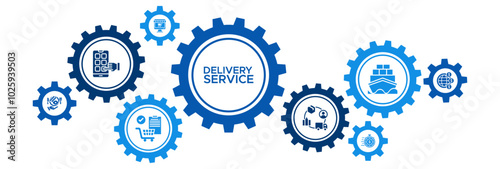Delivery Service Banner Vector Concept Featuring Icons for Fast Online Shopping, App Orders, Food Supply, and Cargo Shipment