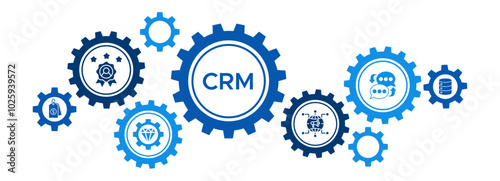 Customer Relationship Management (CRM) Banner Vector Concept Featuring Icons for Sales, Marketing, Customer Service, and Loyalty Programs