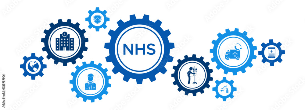 NHS (National Health Service) Banner Vector Concept Featuring Icons for Hospitals, Ambulances, Health Insurance, and Medical Apps