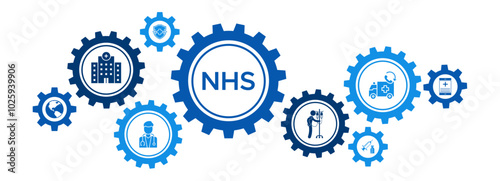 NHS (National Health Service) Banner Vector Concept Featuring Icons for Hospitals, Ambulances, Health Insurance, and Medical Apps